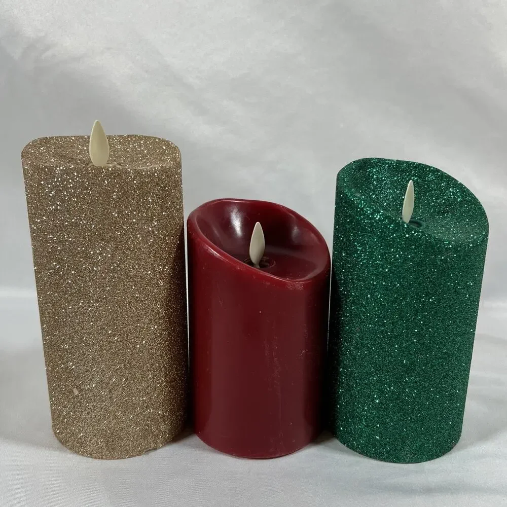 Lot of 3 Luminara Candles Christmas Gold Green Glitter Red Remote 4-10hr Timer